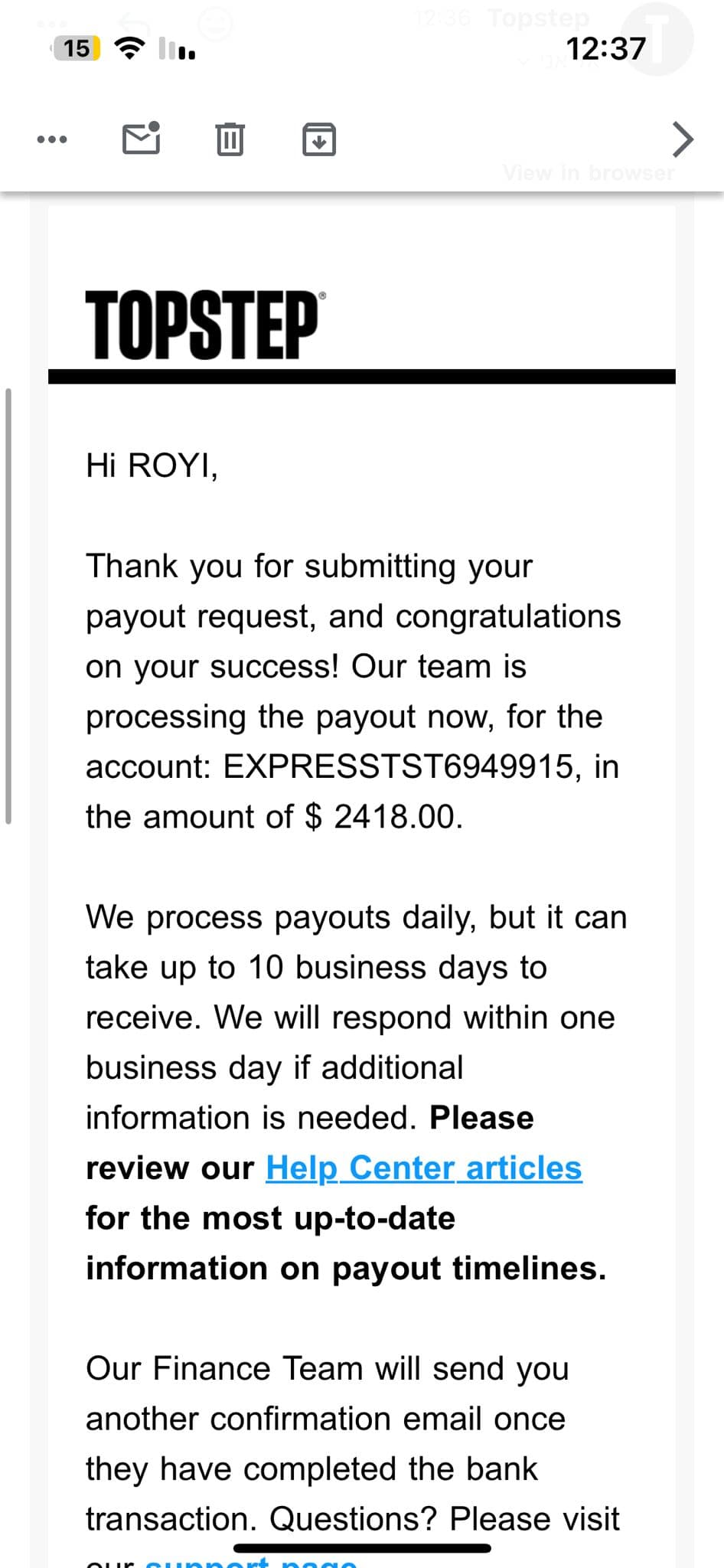 משיכה של $2,418 - Royi